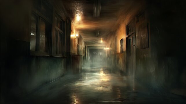 Haunted school hallway, mist and light, AI generated artwork