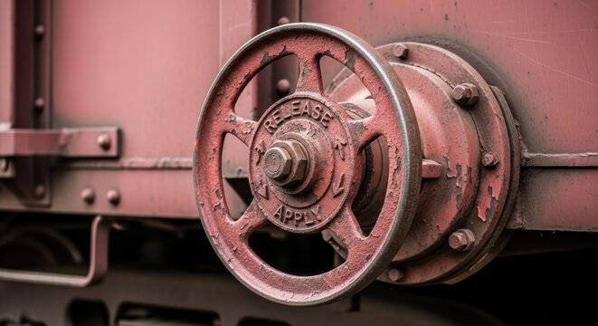 Close up view of a rusted metal handwheel mechanism on the side of a freight train car.
