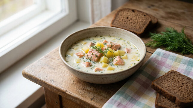 creamy salmon chowder with herbs in ceramic bowl