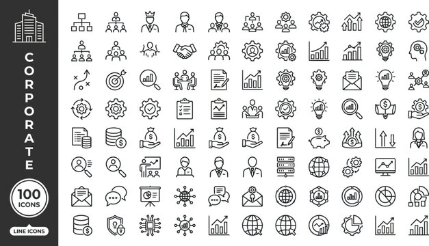 A collection of 100 corporate line icons featuring various business and finance symbols on a white background with a black border Ai, eps, jpg, transparent background, png