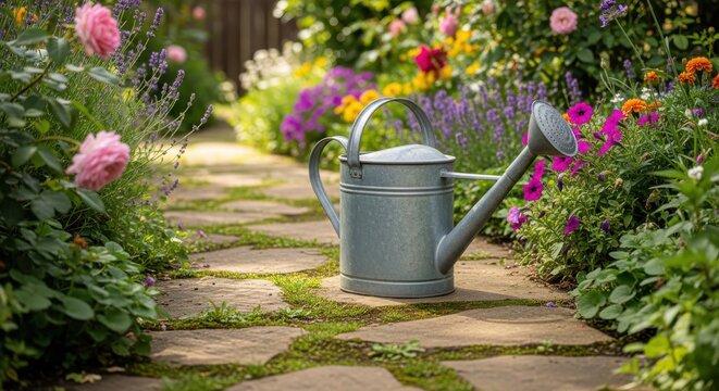 Metal watering can sits on a flagstone path in a lush blooming garden.