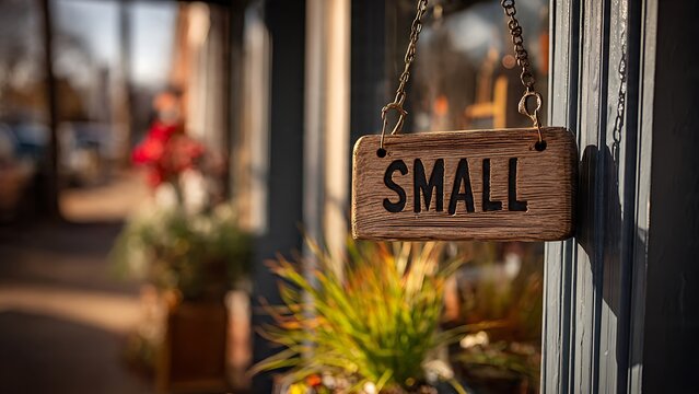 Small business storefront sign hanging outside local shop entrepreneurship concept
