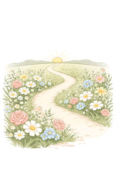 Whimsical pastel landscape illustration of a winding path through a blooming wildflower meadow toward a soft sunrise