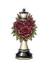 Fototapeta premium Chess queen piece with red roses tattoo design illustration in a bold ornamental style, symbolizing power, strategy, beauty, and feminine strength on a clean background.