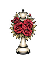 Fototapeta premium Chess queen piece with red roses tattoo design illustration in a bold ornamental style, symbolizing power, strategy, beauty, and feminine strength on a clean background.