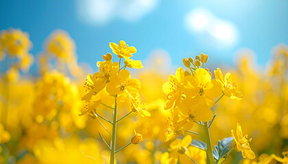 Obraz premium 青空の下で咲く菜の花のクローズアップ、春の訪れを感じる明るく爽やかな自然風景 Close-up of blooming rapeseed flowers under a blue sky, a bright and refreshing spring nature scene