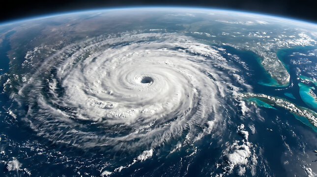 Aerial view of a massive hurricane forming over the ocean with its eye clearly visible, showcasing the immense power and scale of this natural phenomenon
