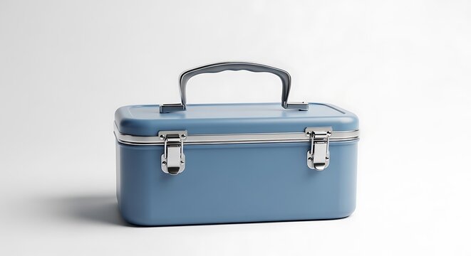 A vintage style blue metal lunch box with a silver handle resting on a plain white background.