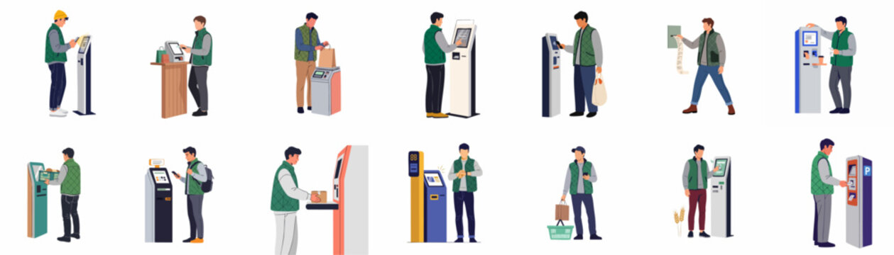 Collection of people using various self-service kiosks, ATM machines, and automated payment terminals for shopping, banking, and ticketing.