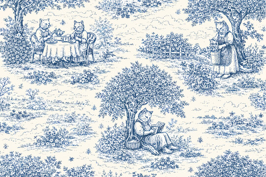 Blue toile de Jouy style seamless pattern featuring vintage cats having tea and reading in a pastoral garden landscape
