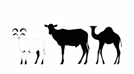 Obraz premium Silhouettes of a ram, a cow, and a camel against a white background, representing farm animals and desert creatures