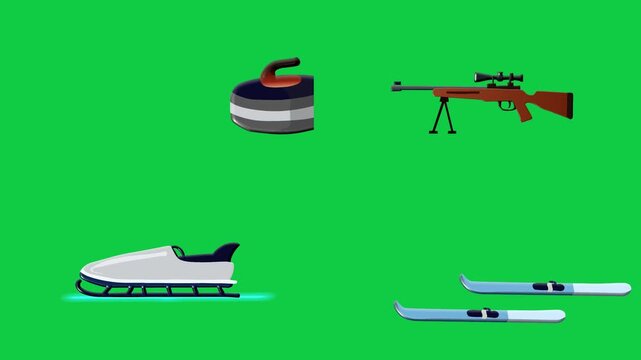 2D Animated Winter Sports Equipment Collection with Curling Stone Ski Sled and Biathlon Rifle Clean Flat Style