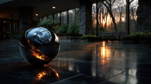 alien sphere hovering in modern apartment interior, futuristic extraterrestrial orb inside contemporary living space, mysterious glowing alien technology in urban home