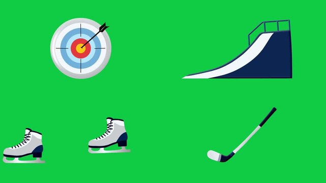 2D Animated Sports Equipment Collection with Archery Target Skate Ramp Ice Skates and Hockey Stick