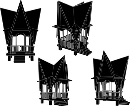 Authentic Indonesian Traditional Ethnic Gazebo Design 3D Architectural Illustration of a Wooden Rumah Adat Pavilion featuring Heritage Craftsmanship and Classic Stilt Foundation 