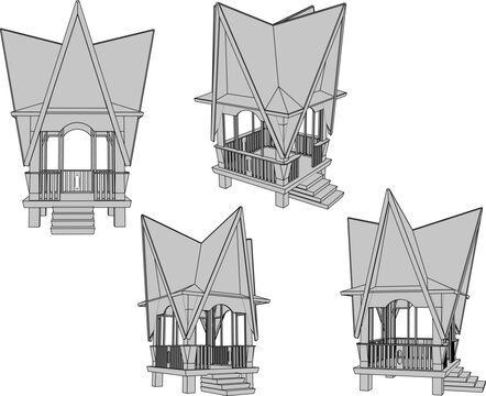 Authentic Indonesian Traditional Ethnic Gazebo Design 3D Architectural Illustration of a Wooden Rumah Adat Pavilion featuring Heritage Craftsmanship and Classic Stilt Foundation
