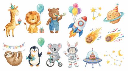 Watercolor cute animals and space birthday elements for kids design set. Collection of Vector illustrations for invitation, card, poster, banner, decoration  © maria