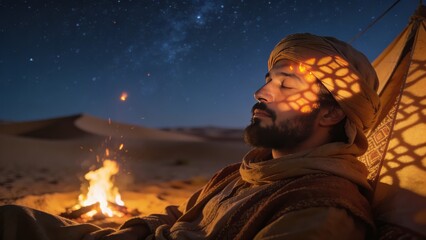 Fototapeta premium Solitary male nomad resting peacefully by campfire at desert night under starry sky