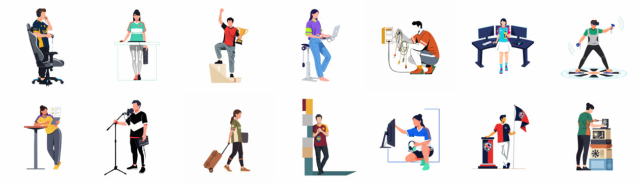 Flat illustration set of diverse people involved in esports professional gaming activities including playing, winning, streaming, and technical support on white background.