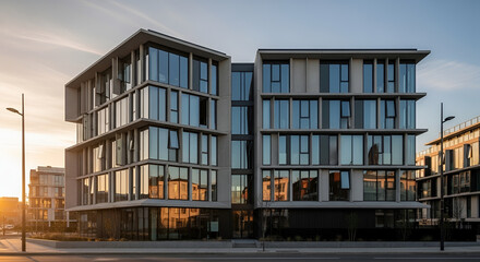 Obraz premium Contemporary office building exterior with glass facade and clean architectural lines in daylight urban environment