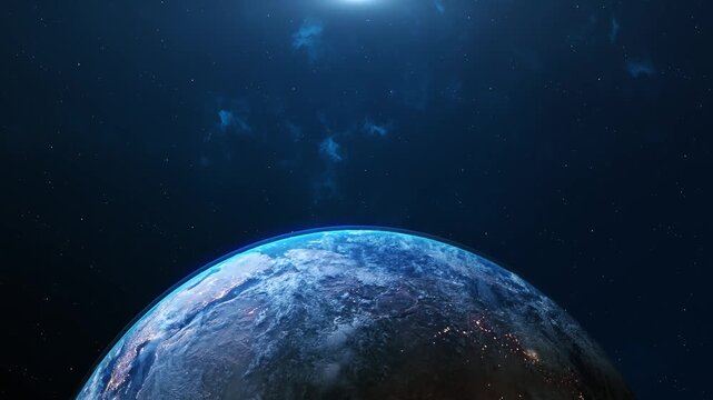 Planet earth 3D orbital animation realistic geography surface clouds atmosphere .  
