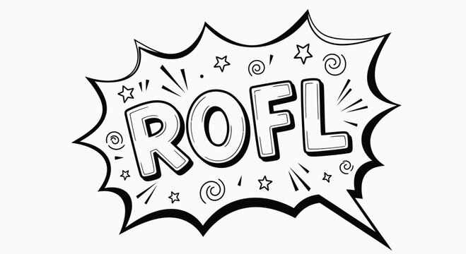 ROFL Comic Book Speech Bubble with Stars and Swirls, Black and White Outline