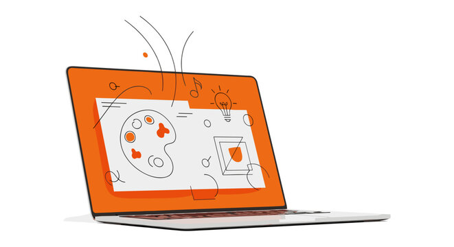 Open laptop with creative digital drawing on screen in bright orange color with white background for web design