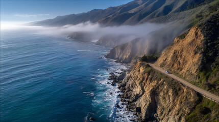 Fototapeta premium A scenic coastal road winds along a misty ocean cliff.