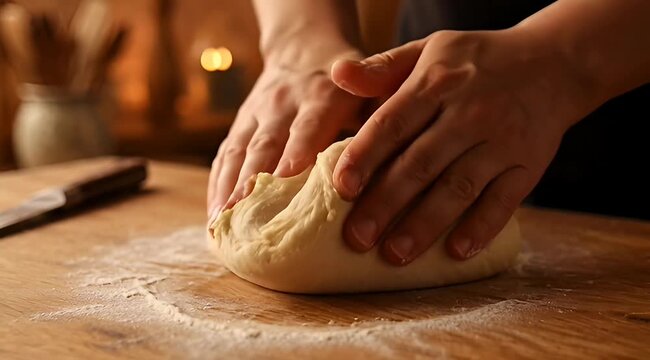 Closeup of hands kneading dough on a floured wooden surface