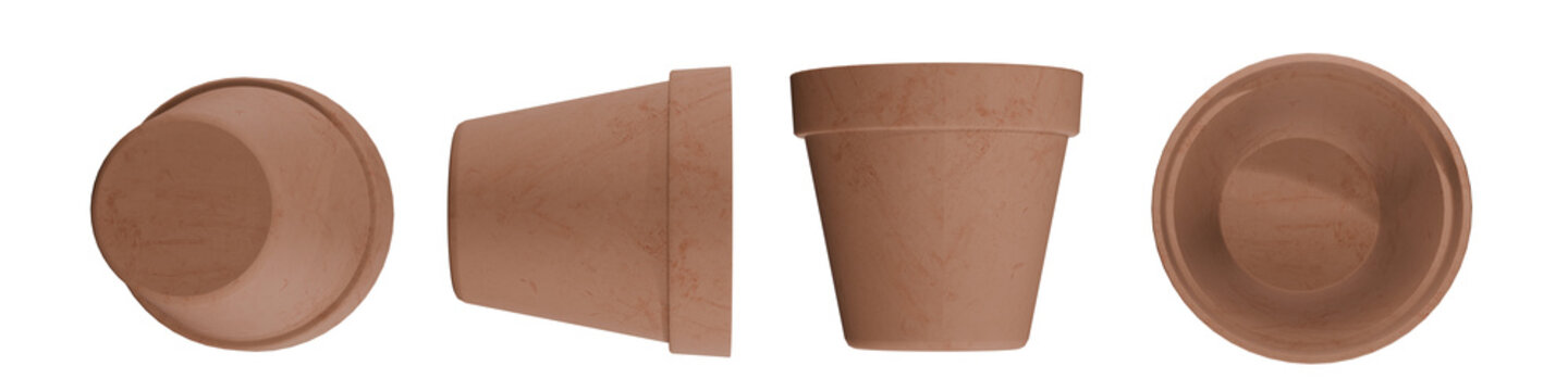 Four clay flower pots shown from different perspectives, empty terracotta garden vessels, ceramic planting container set
