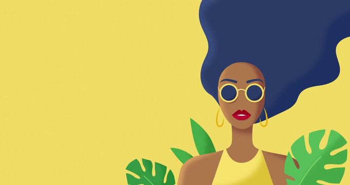Tropical Summer Looping Motion Background. Stylish Woman wearing Sunglasses with Exotic Leaves on Yellow. Flat Vector Animation with Copy Space