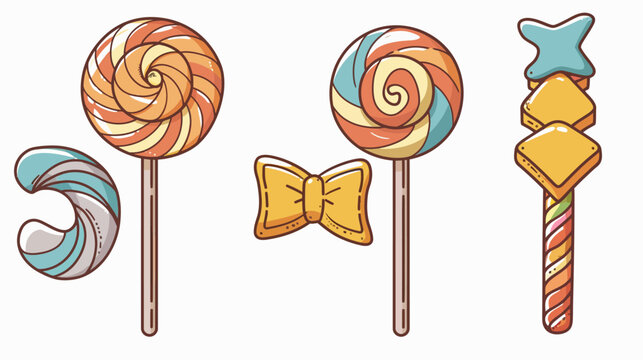 Colorful cartoon candy illustrations, including lollipops, a bow and stacked square sweets