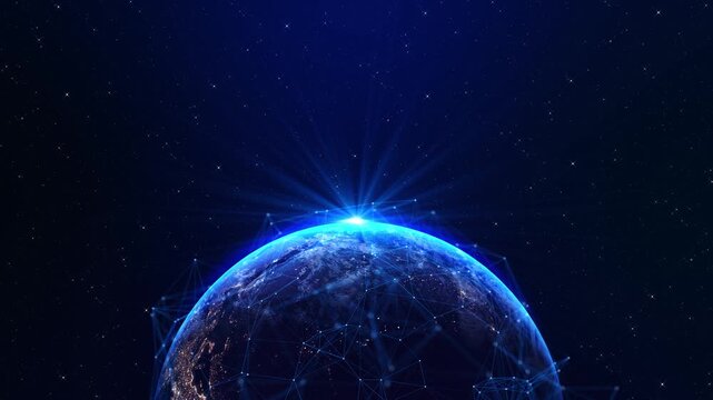 3d earth planet animation. Space Zoom spinning view, climate change, dark night, cities lights, sunrise. World planet satellite,Stars, nebula galaxy Earth in Pixels Modern Digital Business Technology