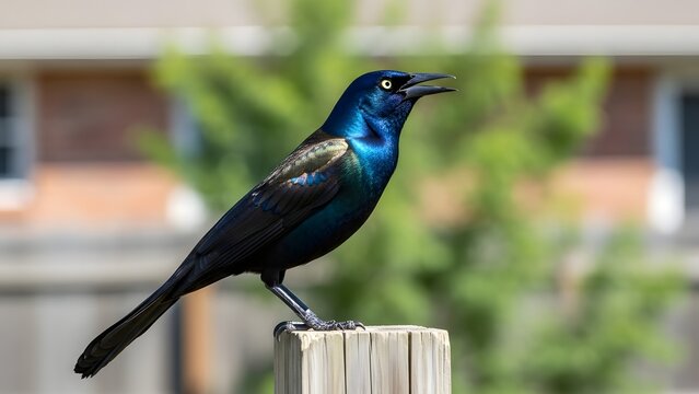 A common grackle with iridescent blue and purple feathers perched on a wooden post outdoors.
