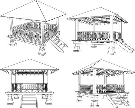 Professional Architectural Illustration of a Custom Wooden Gazebo Traditional Ethnic Rumah Adat Style for Luxury Resort Amenities and Cultural Landmark Projects