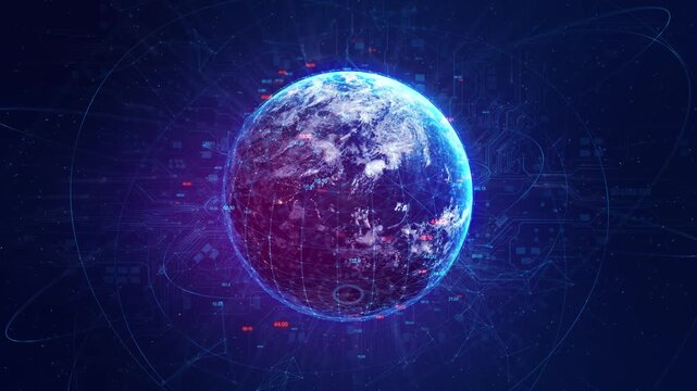 Digital dotted planet earth animation black background. Rotating stylized world globe glowing particle dots. Big data technology, business, digital concept Virtual planet Earth particles and lines.