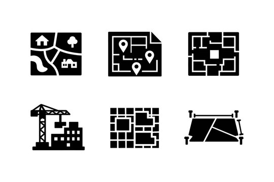 Construction map planning solid black icon set vector illustration