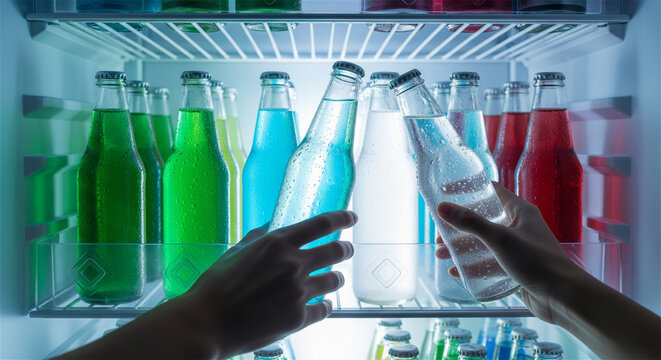 Chilled glass soda bottles in refrigerator, colorful carbonated beverages on fridge shelves, hands reaching for cold refreshing soft drinks