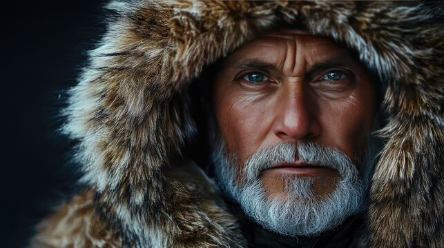 Close-up portrait of inuit elder in fur-lined parka, reflecting wisdom and endurance in the harsh arctic environment