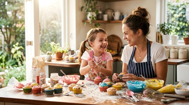 Mother and daughter decorating cupcakes in kitchen, Mother's Day