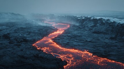 Fototapeta premium Molten river of fiery magma snakes across a black, rocky landscape under a hazy, overcast sky