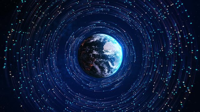 Futuristic digital Global network connection of Earth round glowing data points network connections on a dark background. Worldwide links planet earth . Concept of World communication technology. 3d