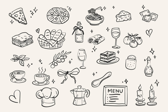 Whimsical Italian dinner doodle elements isolated background.