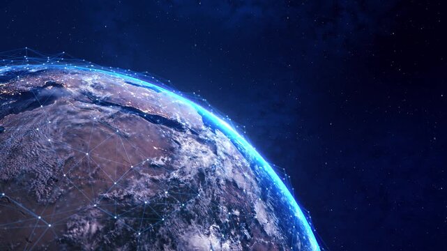 Digital globe is presented in the form of a hologram emitting a light effect, traffic information. AI big data processing technological concept. Machine learning abstract background. Digital quantum