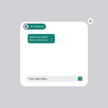 AI Assistant chatbot window interface with chat bubble and text input field. Vector illustration of smart customer support, virtual helper, and artificial intelligence communication.