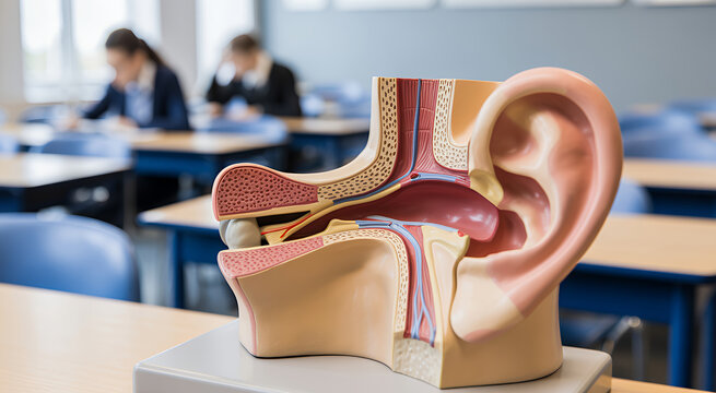 Detailed anatomical model of human ear on a desk in a classroom with students studying in background