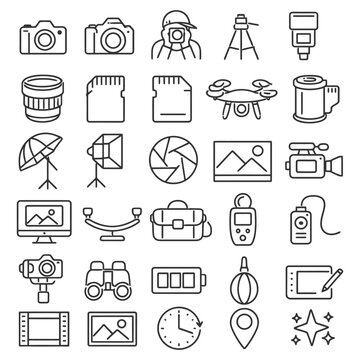 Camera equipment icons including tripod, lens, drone, and memory cards.