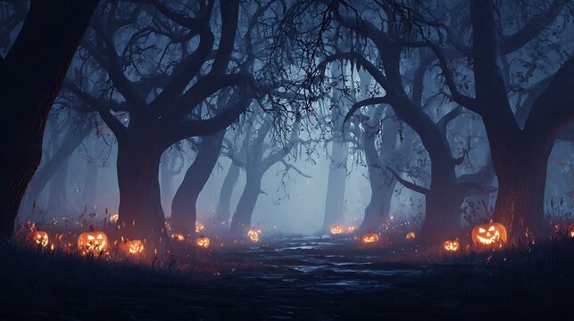 Eerie enchanted forest path illuminated by glowing jack-o'-lanterns, digital art