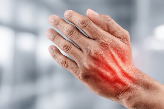 Close-up of a human hand with highlighted red pain points on the knuckles and tendons