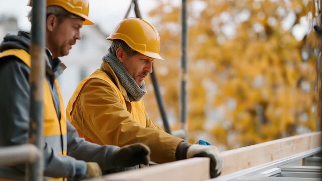Construction workers installing triple-glazed window unit into passive house frame, energy auditor holding infrared scanner nearby, autumn leaves visible beyond scaffolding, perfect for green